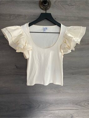 & Other Stories Cream Flutter Puff Sleeve Ribbed Blouse